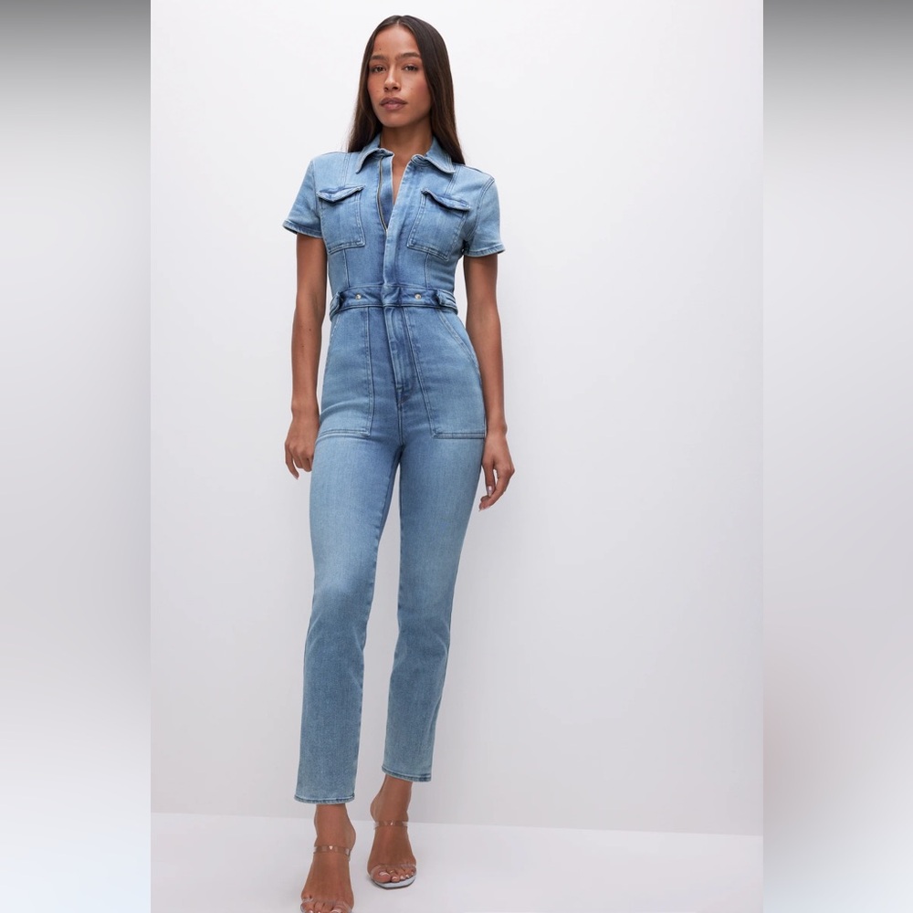 Good American Light Blue Denim Short Sleeve Jumpsuit